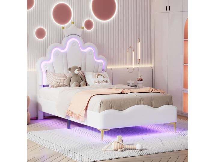 Lit princesse blanc avec couronne revêtement PU et éclairage LED