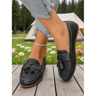 Weiße Damen-Mokassins mit Quasten – weiche Slipper aus Kunstleder für Büro, Freizeit, Reisen und elegante Freizeit-Looks