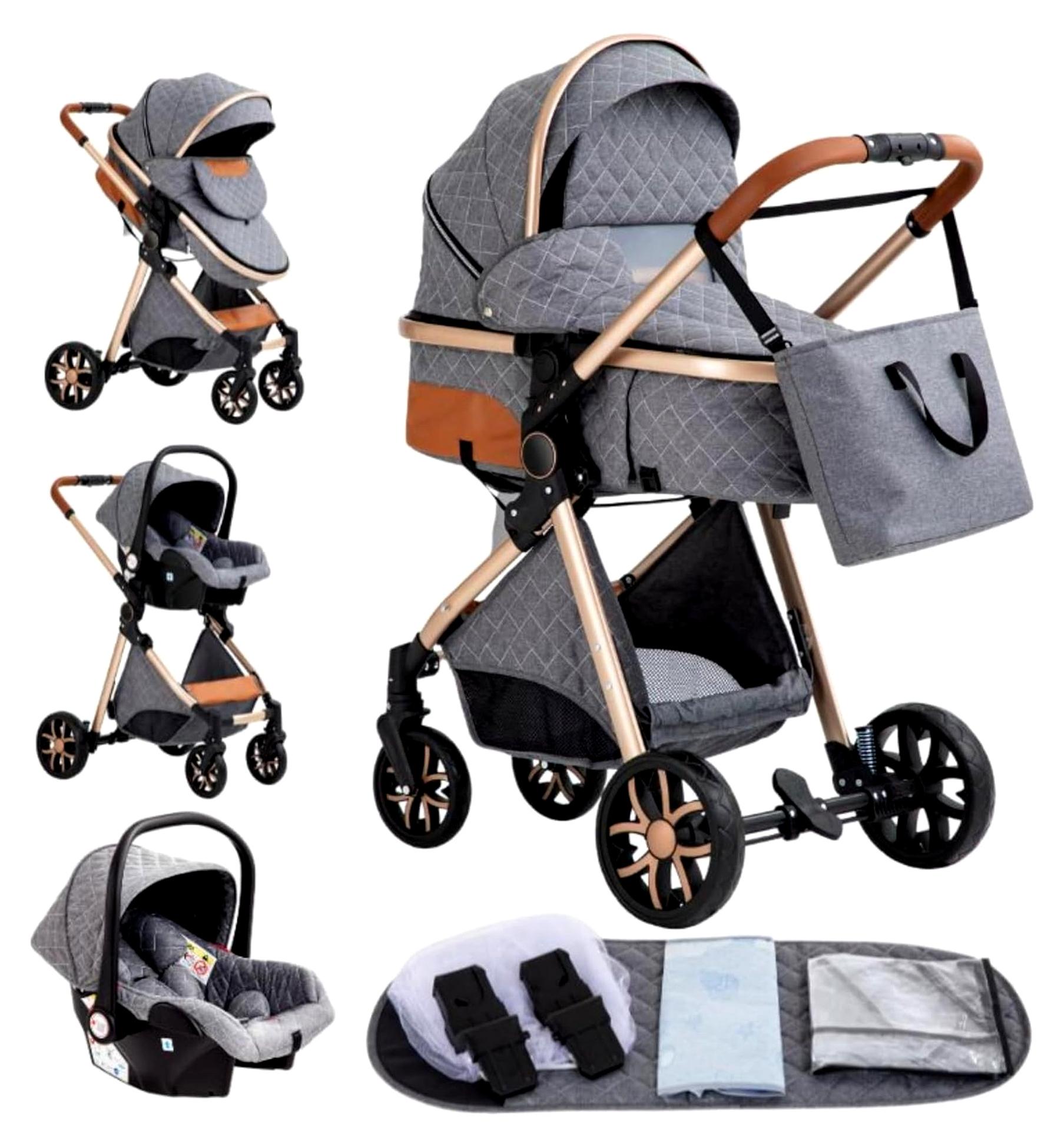 3-in-1 Kinderwagen, Kombikinderwagen Reisesystem mit tragbarer Wickeltasche, Moskitonetz, Regenschutz und Fußsack, zusammenklappbar, Liegeposition, hohe Landschaft (4 grau)