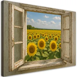 LEINWANDBILD Blick aus dem Fenster Sonnenblumenfeld Shabby Chic 100x70cm