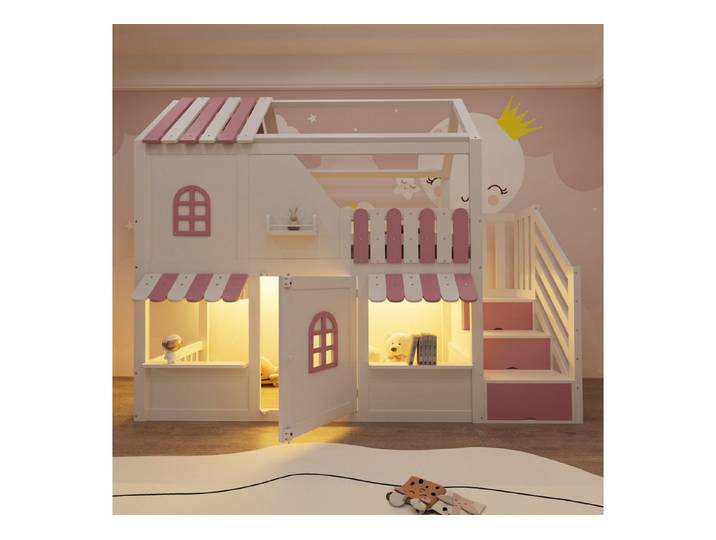 MODFU Kinderbett mit Stauraumleiter, LED-Beleuchtung und Regalen (Stauraumbett Hochbett mit Fenstern, Dachüberstand und Tür, Jugendbett 90 x 200 cm), ohne Matratze