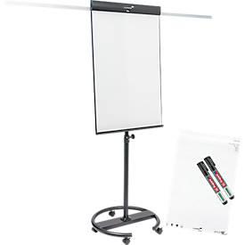 Mobiles Flipchart Legamaster Sketch Pro, magnetische Tafel, höhenverstellbar, 2 Seitenarme, Rundfuss, inkl. Starterset, B 680 x H 1050 mm, schwarz-weiss