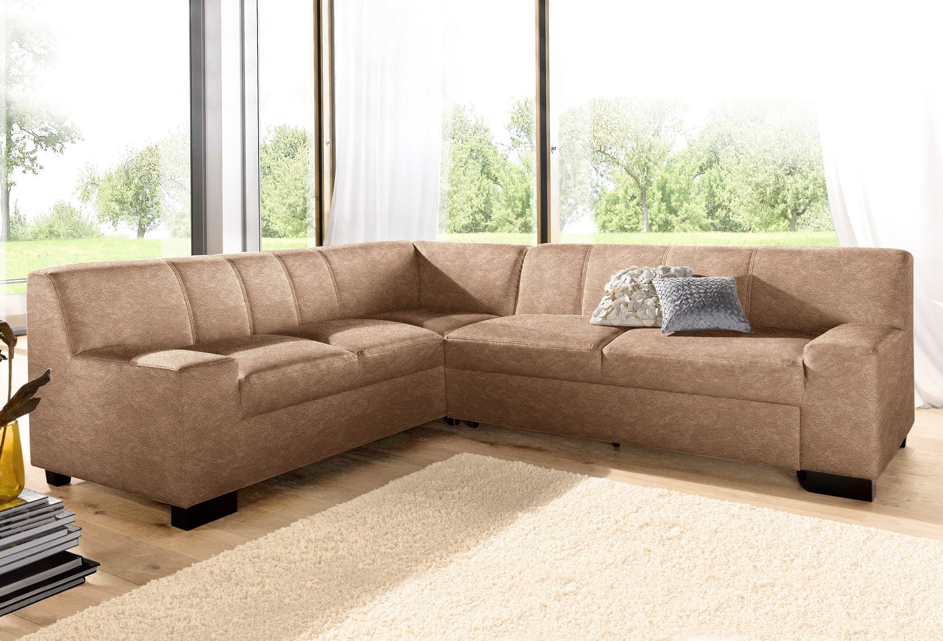 Ecksofa DOMO COLLECTION "Norma, moderne Armlehnen, zeitlos und elegant, Breite 247cm, L-Form", braun (café), B:247cm H:74cm T:212cm, Microfaser PRIMABELLE (100% Polyester);Kunstleder SOFTLUX;Struktur (90% Polyester, 10% Polyacryl);NaturLEDER (echtes Rinds