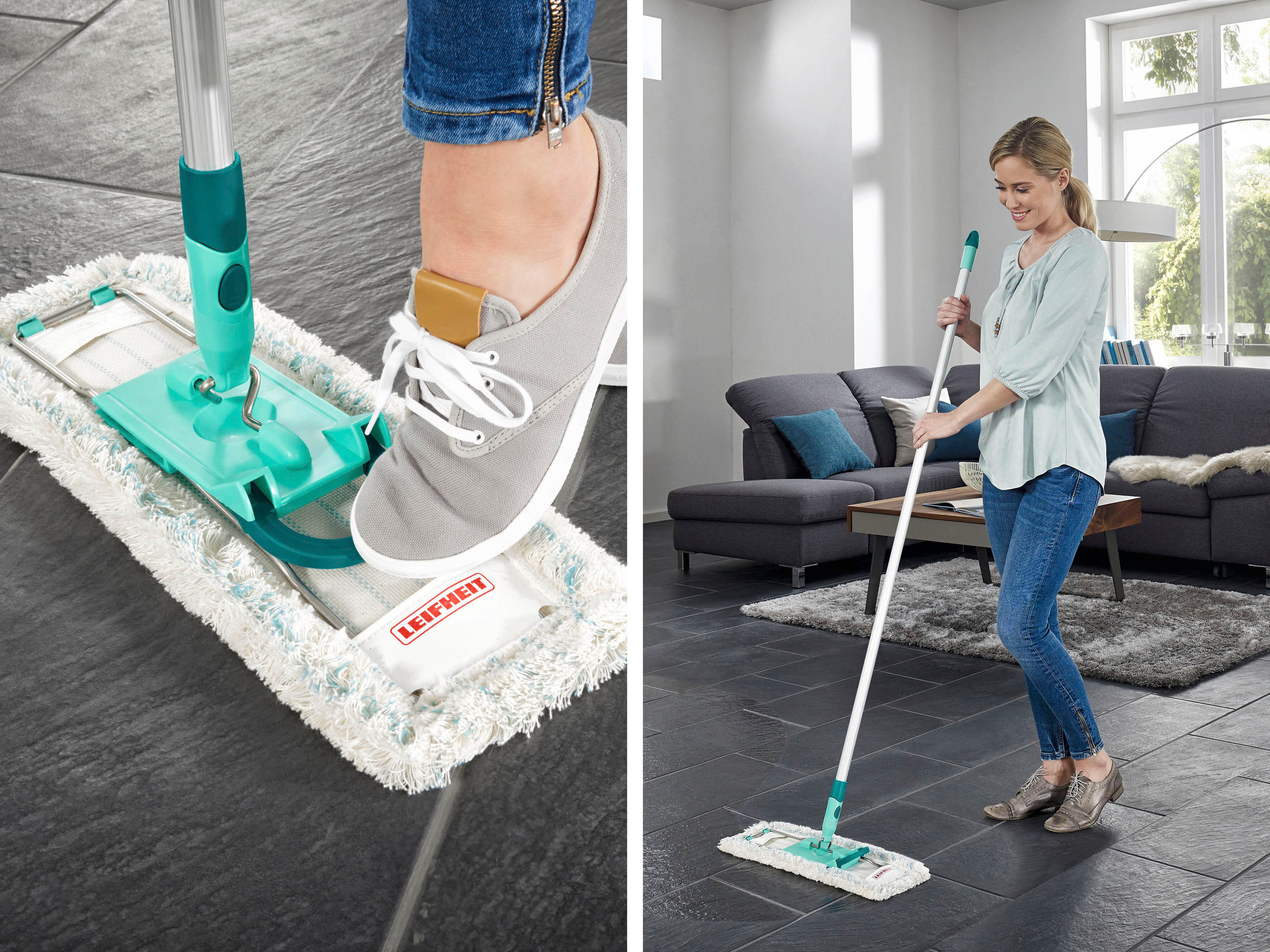 Bodenwischer-Set LEIFHEIT "Profi XL cotton plus Telescope", blau (türkis, weiß), B:42cm L:142cm, Aluminium, Kunststoff, Reinigungs-Sets, Bodenwischer-Set