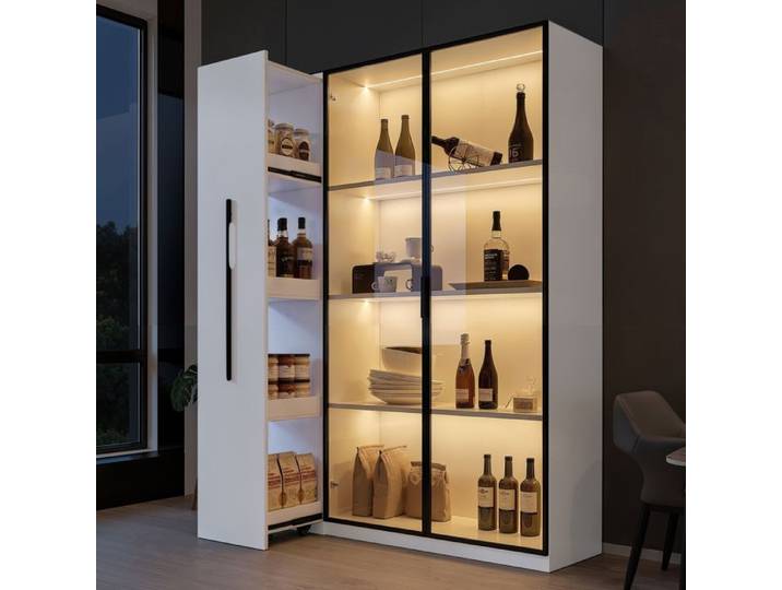 LPOSPI Vitrine meuble haut porte verre LED rangement latéral coulissant MDF 110 5x35x160 cm blanc
