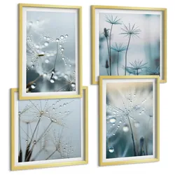 BILDER SET 4er Set - 50x50 cm & 40x60 cm Goldrahmen - Tautropfen auf Löwenzahn