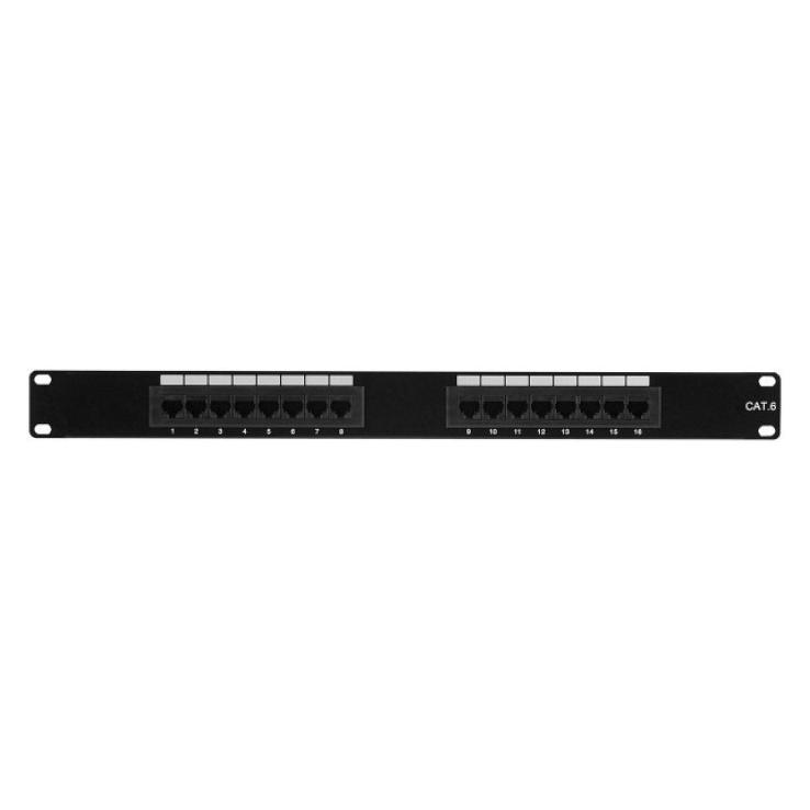 Exertis Connect Patchfeld, Cat.6, 16 Port, UTP, 1 HE, 48,30cm (19"), schwarz Cat. 6 Patchfeld mit 16 Ports (257260)