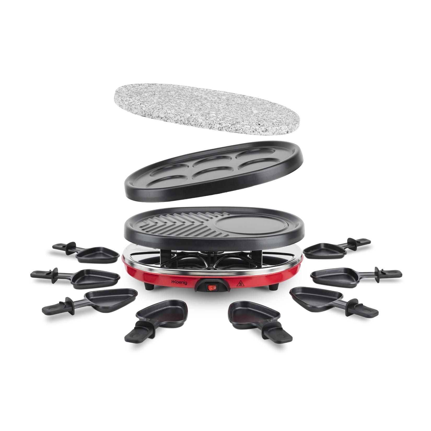 H.Koenig RP412 Raclette-Gerät 4 in 1 / 8 Personen / Raclette, Natursteingrill, Crepe-Platte und Grillplatte / mit 8 Pfännchen / 900 W / SchwarzRrot