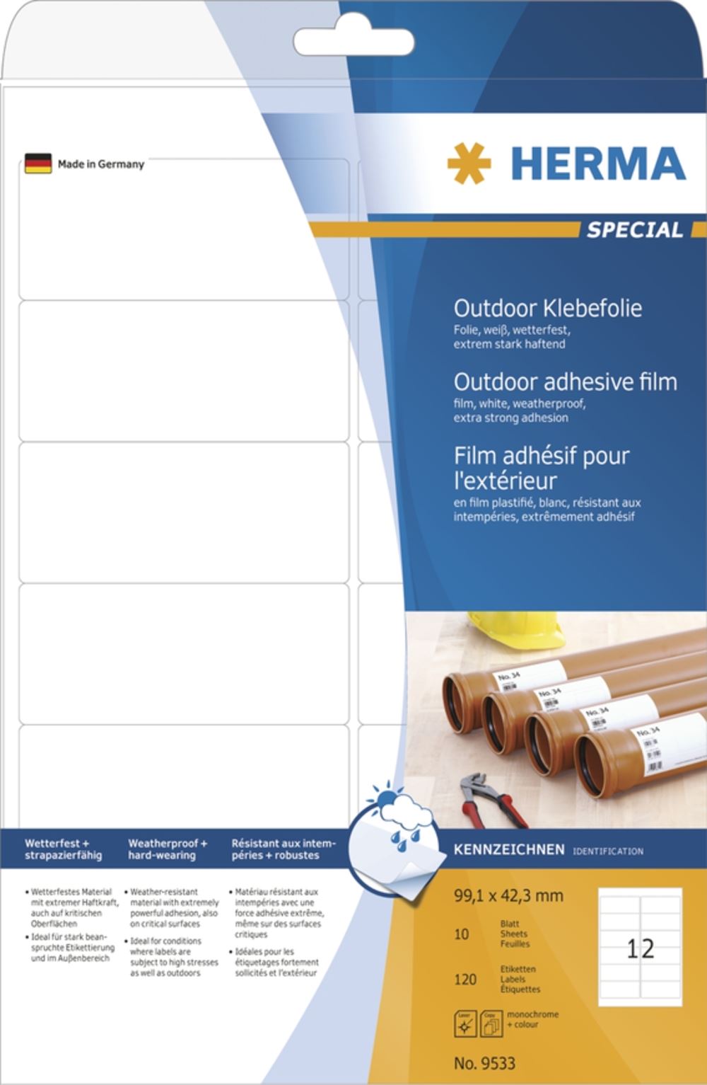 Herma 9533 Outdoor Klebefolie 9.91x4.23 cm (10 Blatt (120 Etiketten))
