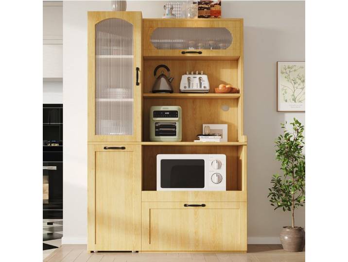 Buffet haut de cuisine 98 x 40 x 177 cm en MDF décor bois naturel avec verre strié étagères réglables et 1 tiroir