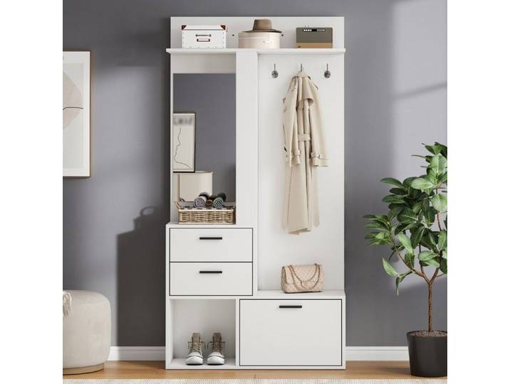 Porte-manteaux - 90 x 30 x 180 cm - MDF blanc - 2 tiroirs - Miroir en verre
