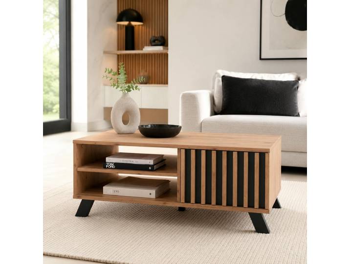 Table basse moderne 1 porte noire rainurée ALVA