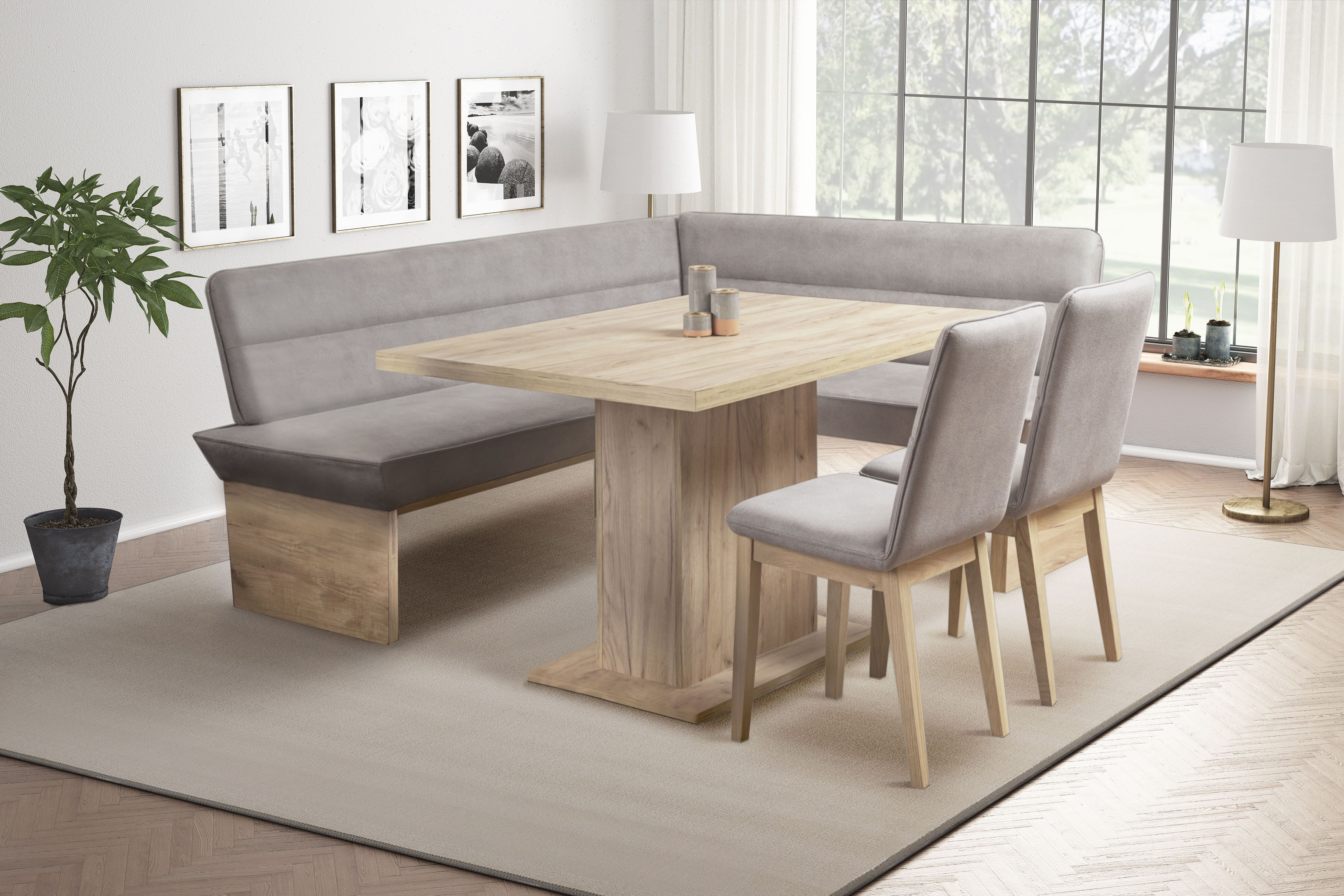 Eckbank GOODPRODUCT "Beluna Polsterbank, Sitzecke", grau (grau, decor wotan eiche), B:210cm H:89cm T:169cm, Polyester, Sitzbänke, Eckbank, mit Wellenunterfederung im Sitz, TOPSELLER grau, decor wotan eiche B/H/T: 210cm x 89cm x 169cm, Luxus-Microfaser, la