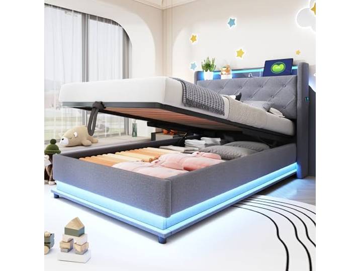 Merax Kinderbett Polsterbett 90x200 cm Einzelbett mit hydraulischem Bettkasten, LED Beleuchtung & USB Type-C, aufklappbarem Kopfteil & Handytaschen, Leinenstoff Grau, ohne Matratze