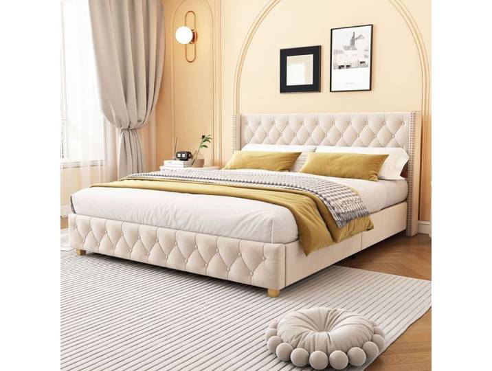 Lit Rembourré 160x200cm Velours Beige Clair - Lit double - Tête de lit Capitonnée Décoration Rivets Sommier à lattes inclus