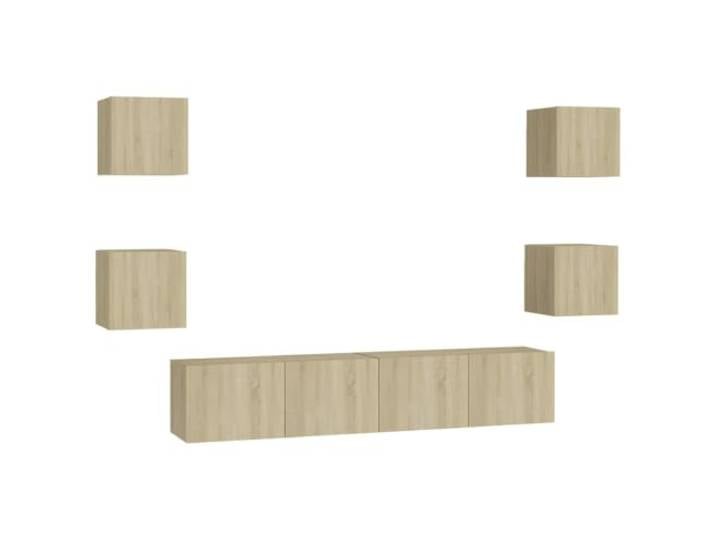 LKJephalotrope 6-tlg TV-Schrank Set Hängend Sonoma-Eiche Holzwerkstoff Flexibles Hänge-Board für Wohnzimmer und Schlafzimmer mit reichlich Stauraum für Medien und Dekoration.
