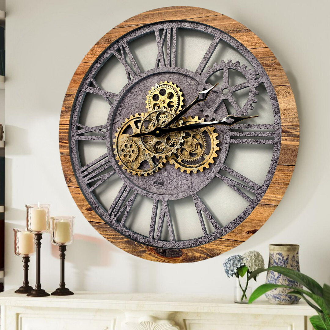 The Gears Clock Solid Wood Skeleton Wall Clock Wood Stone 61cm W X 61cm H X 7cm D