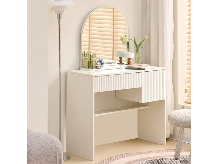 WOVREO Coiffeuse avec miroir 90 x 40 x 135 cm 2 tiroirs niche ouverte MDF blanc