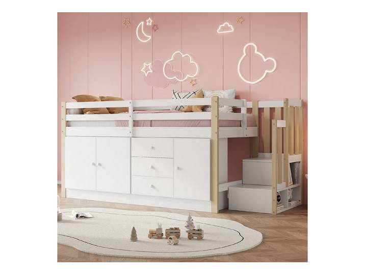 Odikalo Kinderbett Hochbett Einzelbett Schubladen Stauschränken Wäschestange Weiß 90x200