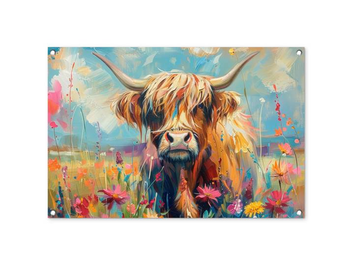 OnlyWow Gartenposter - Schottische Hochländer - Natur - Farbenfroh - Blumen - 90x60 cm, Hellblau, Kunststoff, Rechteckig, 90x60x0.2 cm, Bilder & Rahmen, Bilder, Wandbilder
