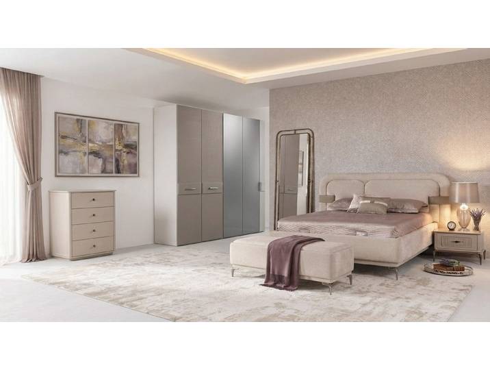 JVmoebel Komplettschlafzimmer Bett Schrank 2x Nachttisch Kommode Beige Modern Doppelbett