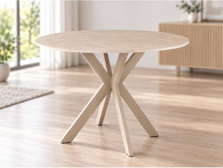 Runder Esstisch TALIA 90 cm mit keramischer Travertinplatte, beige
