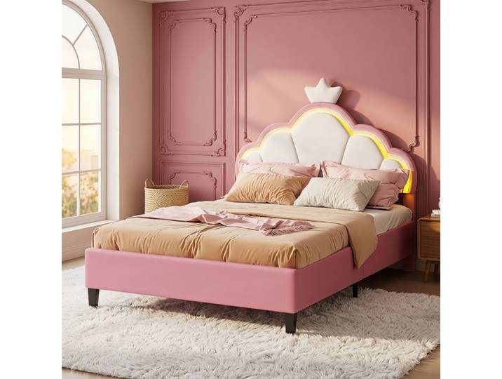 Lit 90x190 - structure de lit - RWUDV - LED - Lit enfant 90x190 - lit fille lit princesse-tête de lit couronne-sommier-Velours Rose