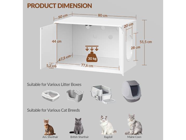 Armoire pour litière pour chat blanche, litière pour chat cachée, armoire pour chat avec porte à ouverture par pression et trous d'aération, maison pour chat minimaliste