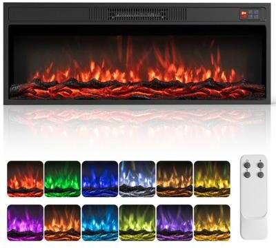 Costway 36 Inch Recessed Electric Fireplace Heater with Adjustable Flame Colors & Brightness