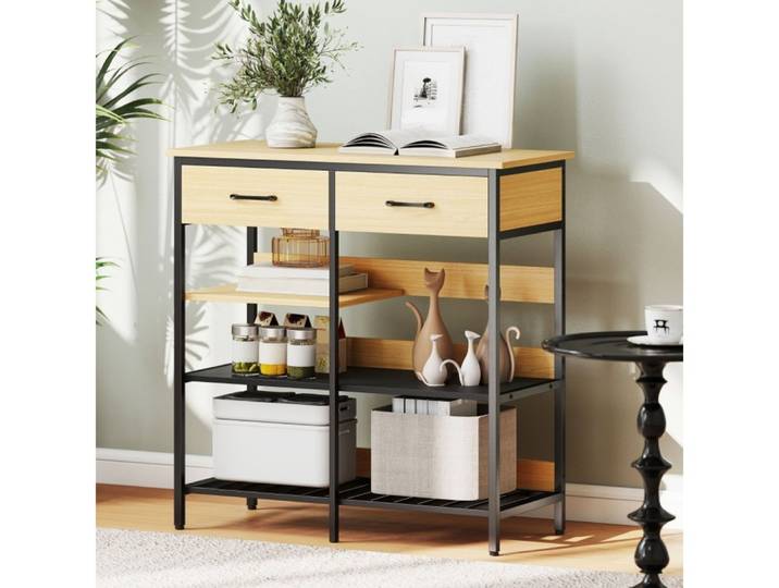 REDOM Sideboard Naturholz 90x40x91 cm, mit 2 Schubladen & 3 offenen Regalen (Packung, 1 St., Küchenschrank & Kommode für Küche & Wohnzimmer), Stilvolle Aufbewahrung mit viel Stauraum & offener Präsentation