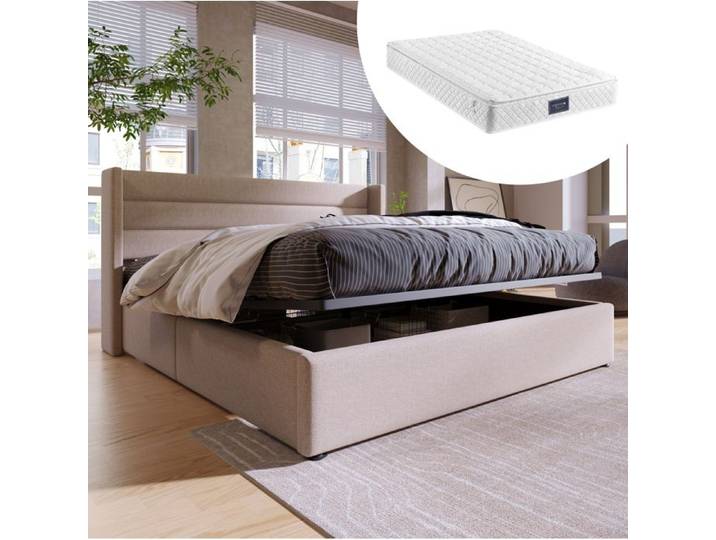 Lit coffre rembourré beige 140 × 200 avec matelas sommier relevable hydraulique