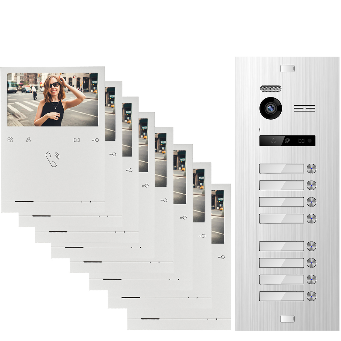 BALTER EVO QUICK Video Türsprechanlage Silber Set für 8-Familienhaus 8x 4,3" Monitor