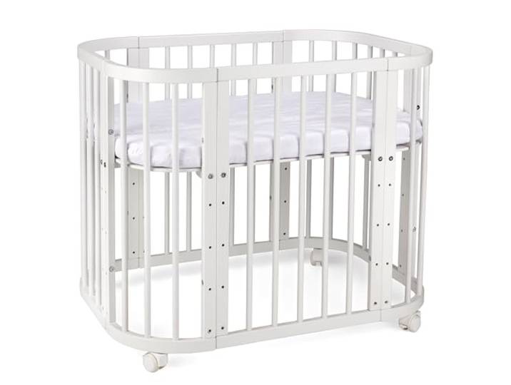 waldin Babybett 5in1, Beistellbett aus Holz, Matratze, Belüftet, Weiß Belüftet, Boden 5-fach verstellbar, Mitwachsend, Wiegefunktion optional