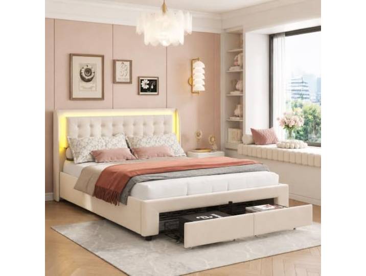 JiaOyu Polsterbett 180x200cm mit LED Beleuchtung, Doppelbett mit Hydraulischem Stauraum und 2 Schublade, Stauraumbetten Jugendbett mit Samtkopfteil, Beige, ohne Matratze (G, 180X200CM)
