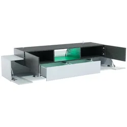 TV-Kommode 180x40x45 für 80 Zoll Fernseher mit Glasböden, Weiß+Grau, LED-Beleuchtung, 2 Schubläden, Partikelholz
