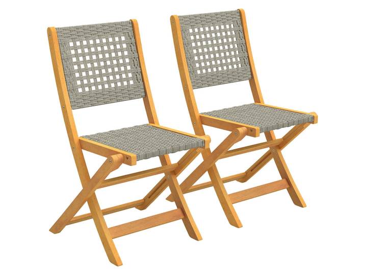 Outsunny Gartenklappstuhl 2er Set Akazienholz PE-Rattan Grau, Holz, 47.5x88x56 cm, Gartenmöbel, Gartensessel, Gartenklappstühle