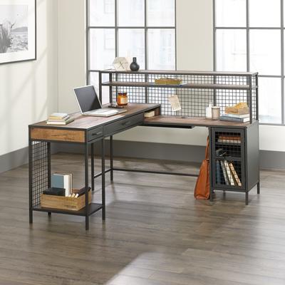 Klair Living Engineered Wood Industrial L-Shaped Desk with 2 Drawers and Shelves, Brown