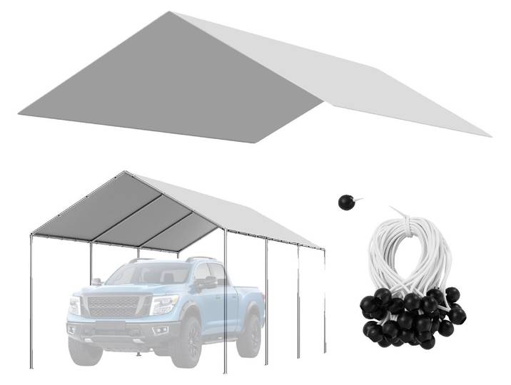 Toit de remplacement pour carport VEVOR\, 3\,04 x 6 m\, bâche de tente de garage\, bâche d'abri de voiture résistante aux UV\, couverture de carport résistante avec filets pare-ballons\, gris\, cadre non compris dans la livraison