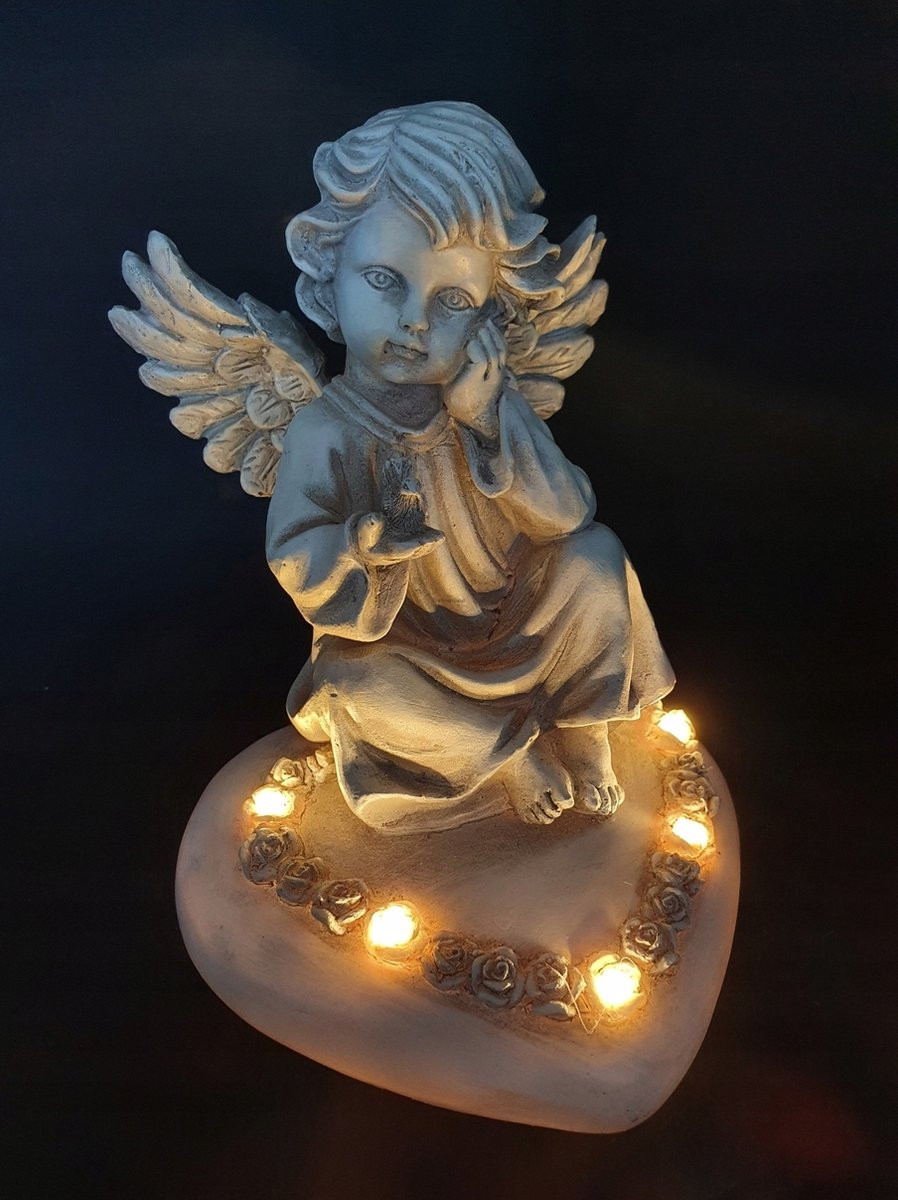 Engel - Zittend op hart - Polystone - Led - Grafdecoratie - Beeld