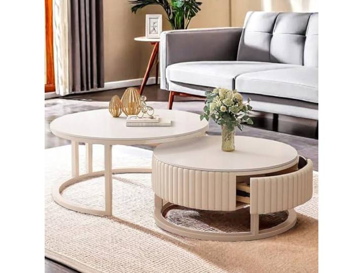 HRXQ 50+70cm Kaffeetisch WeiB Couchtisch Rund Wohnzimmertisch Nested Beistelltisch Für Wohnzimmer, Balkon Und Büro