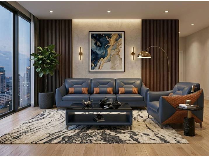JVmoebel Polstergarnitur Leder Sofa Set 3+1 Modern Blau Couch Design Komfort Polstergarnitur *