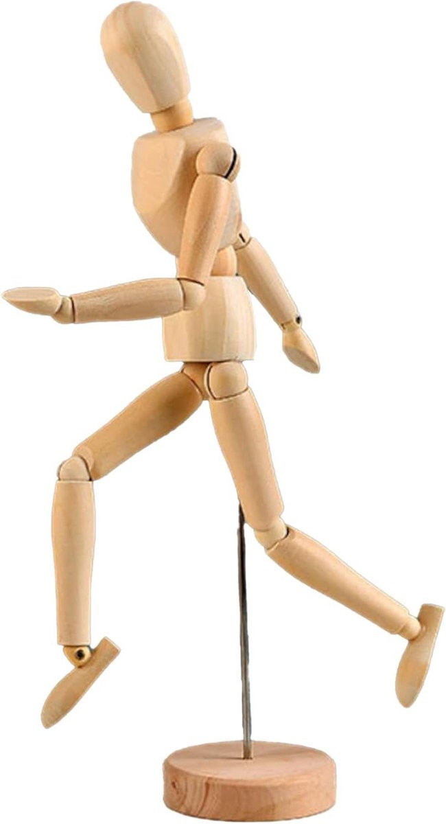 Houten Tekenpop Ledenpop Artiest Model voor Tekenen en Schetsen met Flexibele Gewrichten, Houtkleur, Hoogte: 33 cm