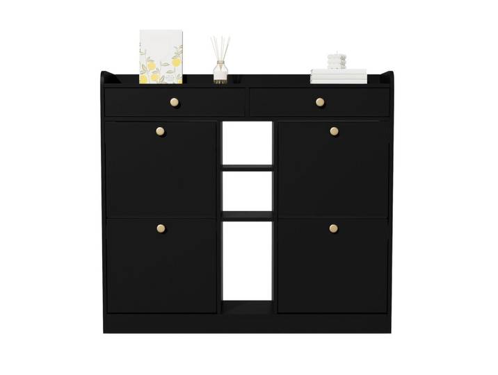 Okmyhome Schuhschrank 110/100/26 cm Schwarz aus Spanplatte mit Klappentüren, Rechteckig, 110x100x26 cm, Garderobe, Schuhaufbewahrung, Schuhschränke
