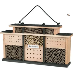 WONDERMAKE® Design Insektenhotel aus Holz mit 7 Zimmern und Terrasse, Bienenhotel groß hängend Nisthilfe für Wildbienen, 48 x 10,5 x 27 cm, braun schwarz