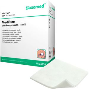 Saxomed Vlieskompressen MediPure, 4-lagig, steril, saugfähig, nicht haftend, 10 x 10 cm, 50 Stück