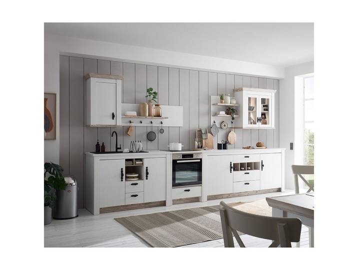Lomadox Küchenzeile FERNA-61, 7-teilig, Pinie weiß mit Pinie dunkel, Softclose-Funktion, Landhaus