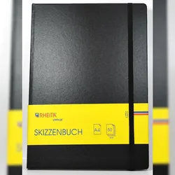Rheita Skizzenbuch A4 – Schwarzes Hardcover mit Gummizug, 130 g/m2 Blankopapier, 100 Seiten, Leseband