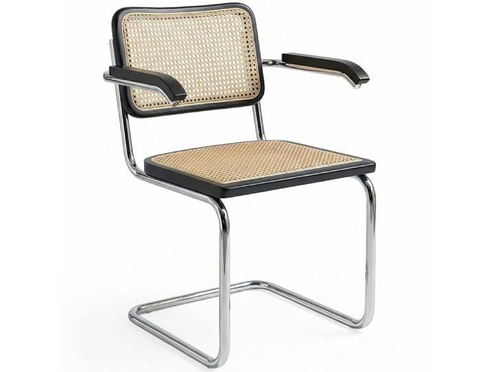 Chaise à manger avec accoudoirs - Design vintage - Bois et rotin - Lia Noir