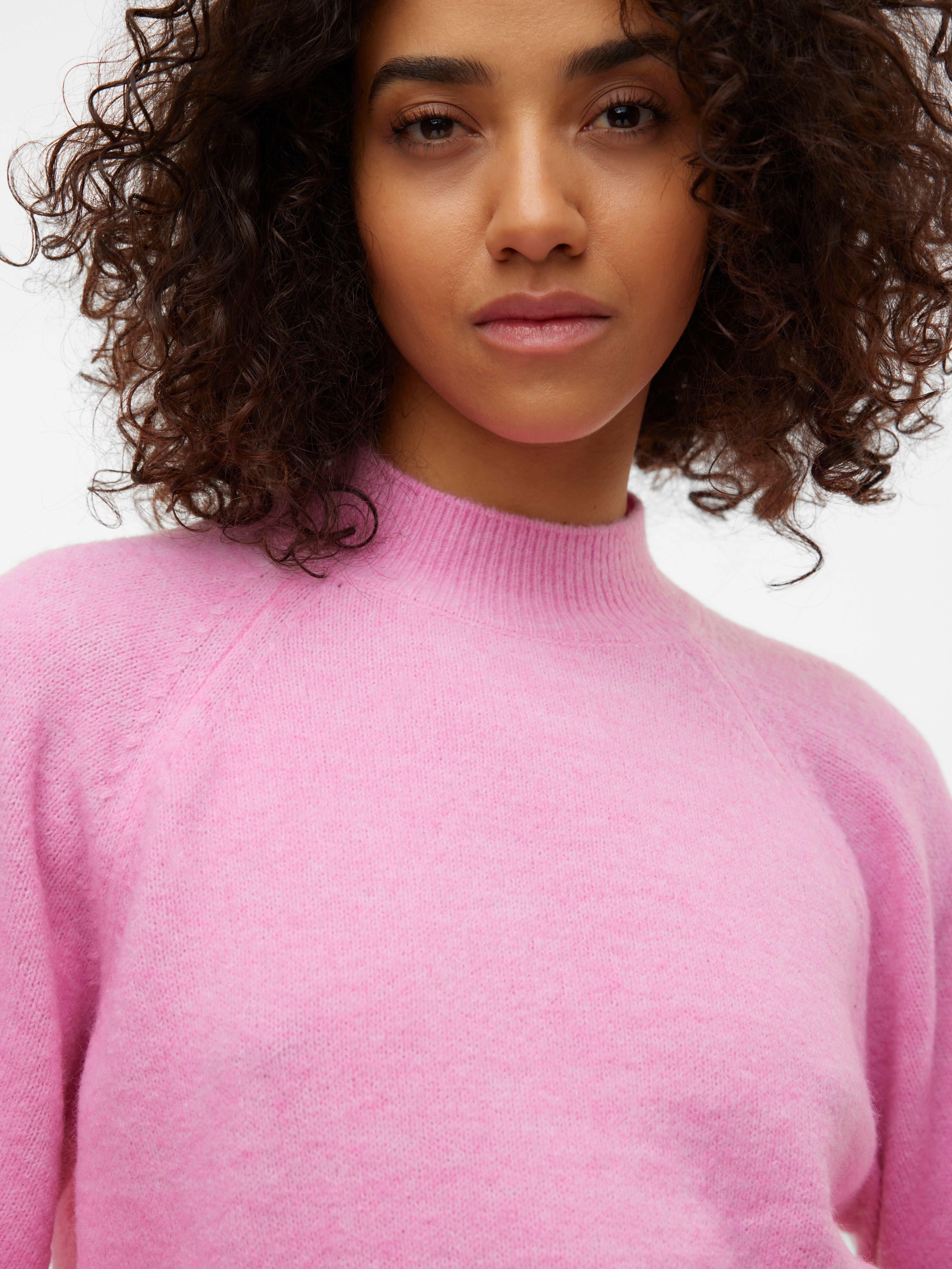 Strickpullover VERO MODA "VMLEAF LS HIGH NECK PULLOVER ENT", Damen, Gr. S, rosa (fuchsia pink detail:with melange), Strick, Obermaterial: 90% Polyester, 5% Wolle, 5% Elasthan, meliert, taillenbedeckt, hoch geschlossener Ausschnitt, Pullover Strickpullover