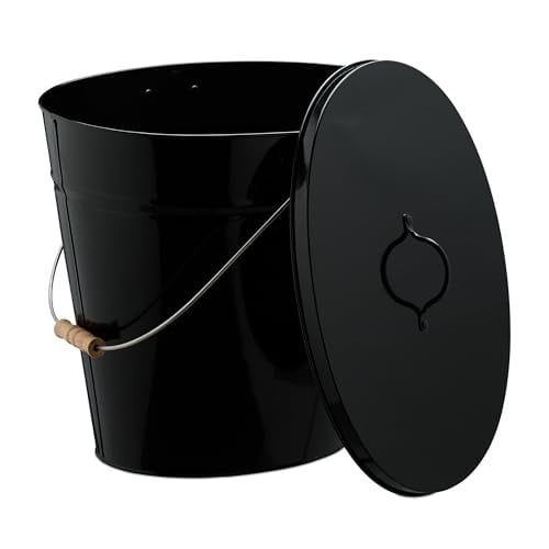 Relaxdays Asemmer met deksel en houten handgreep, Zwart, B/D/H: 40,5 x 39,0 x 29,0 cm